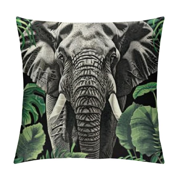 Summer Outdoor Decorative Tropical Plam Leaf with African Elephant Throw Pillow Case Linen Decorative Cushion Cover Boho Animal Pillows Decor for Sofa Couch Living Room