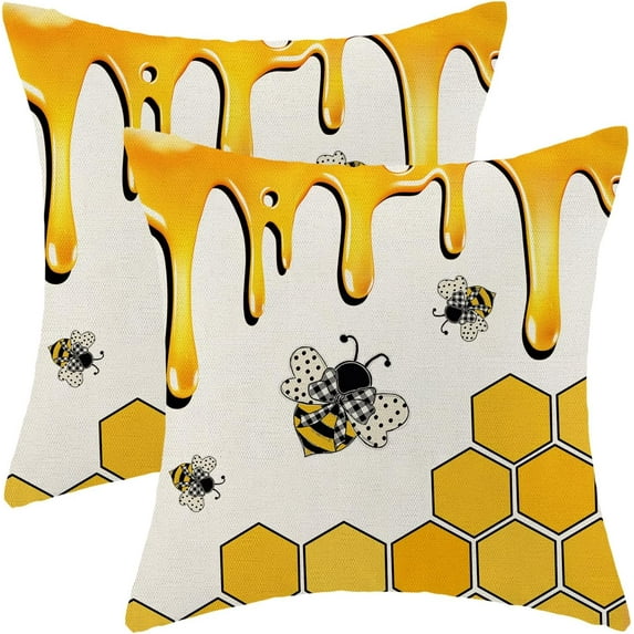 Summer Outdoor Pillow Covers 16 x 16 Inch, Mustard Yellow Bumble Bee Seasonal Decor Throw Pillows for Home Couch Bed, Honeycomb Farmhouse Decorative Pillowcase Linen Cushion Cover Set of 2