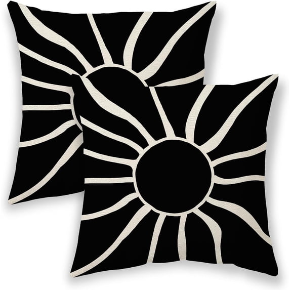Summer Outdoor Pillow Covers 18x18 Inch 2 Pcs, Back Cream Sun Boho Decorative Throw Pillows,Sunshine Abstract Farmhouse Decor Pillowcase Linen Cushion Cover for Home Couch Sofa Bed