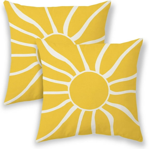 Summer Outdoor Pillow Covers 18x18 Inch 2 Pcs, Mustard Yellow White Sun Boho Decorative Throw Pillows,Sunshine Abstract Farmhouse Decor Pillowcase Linen Cushion Cover for Home Couch Sofa Bed