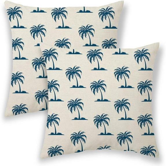 Summer Outdoor Pillow Covers 18x18, Navy Blue Coconut Tree Palm Plants Decorative Throw Pillows for Couch, Coastal Tropical Decor Cushion Cover 2 Pcs Farmhouse Linen Pillowcase for Car Sofa