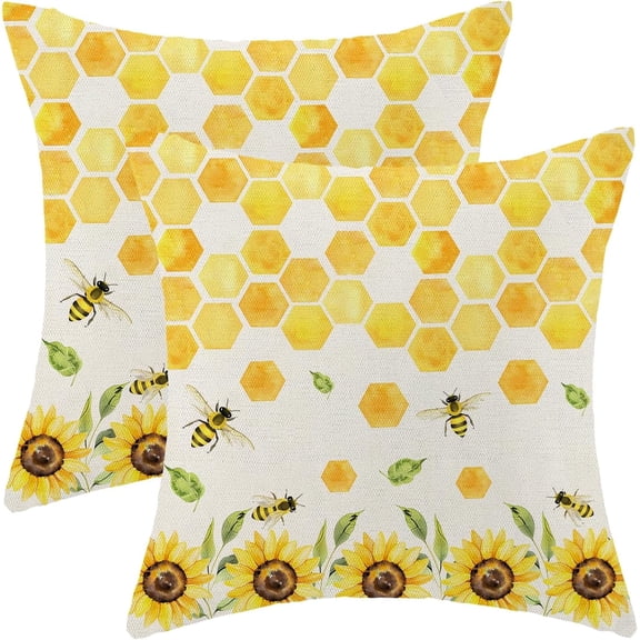 Summer Outdoor Pillow Covers 20 x 20 Inch, Mustard Yellow Bee Honeycomb Seasonal Decor Throw Pillows for Home Couch Bed, Sunflower Farmhouse Decorative Pillowcase Linen Cushion Cover Set of 2