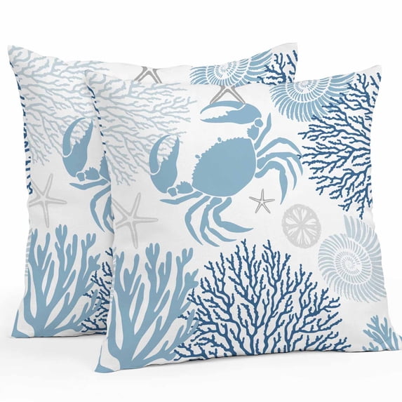Summer Outdoor Pillow Covers Pack of 2 Navy Blue Crab Coral Seashell Nautical Coastal Ocean Waterproof Throw Pillow Covers Decorative Cushion Cases for Patio Garden Tent Balcony Couch 16x16 inch