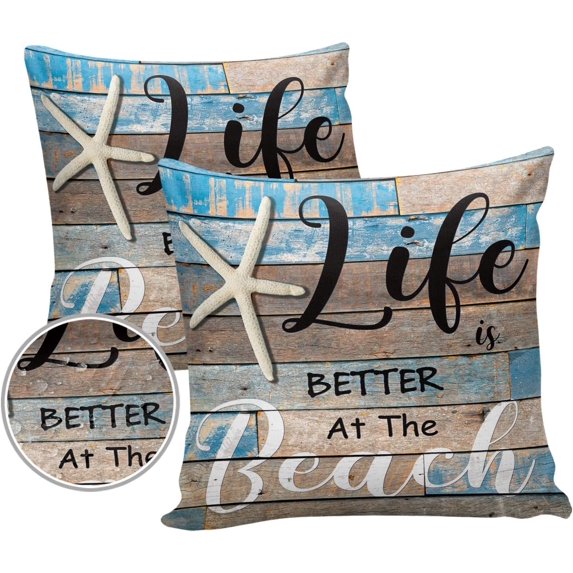 Summer Outdoor Pillow Covers Set of 2,Ocean Life Texts Starfish Decorative Waterproof Throw Pillow Case,Retro Blue Wood Plank Cushion Pillowcases for Couch Garden Patio Beach,20x20In
