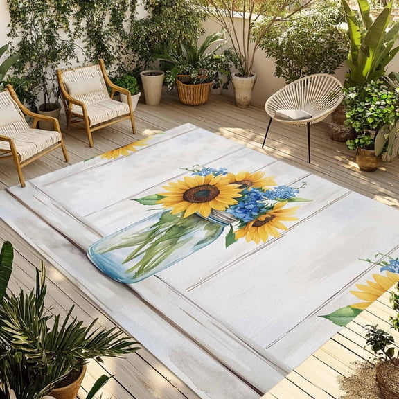 Summer Outdoor Rug 4x6 Ft - Reversible Patio Rug Outdoor Camping Rugs, Farm Bottle Floral Watercolor Wood Grain White Washable Indoor Outdoor Area Rugs, Non-Slip Outdoor Carpet Runner for Deck/Porch