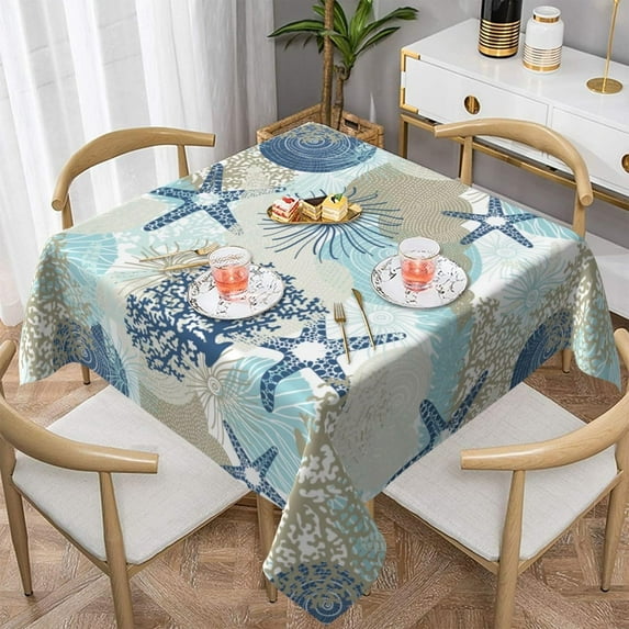 Summer Outdoor Tablecloth Square 54x54 Inch,Seashell Starfish Coral Beach Table Cloth,Stain Resistance Polyester Ocean Decor Table Covers for Kitchen Dining,Small Tablecloth for Parties Picnic