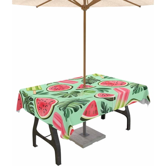 Summer Outdoor Tablecloth with Umbrella Hole and Zipper, Spillproof Table Cloth for Rectangle Tables, Dinner/Picnic/Patio/Party Table Cover Watermelon Popsicle Tropical Leaf