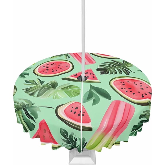 Summer Outdoor Tablecloth with Umbrella Hole and Zipper, Spillproof Table Cloth for Round Tables, Dinner/Picnic/Patio/Party Table Cover Watermelon Popsicle Tropical Leaf