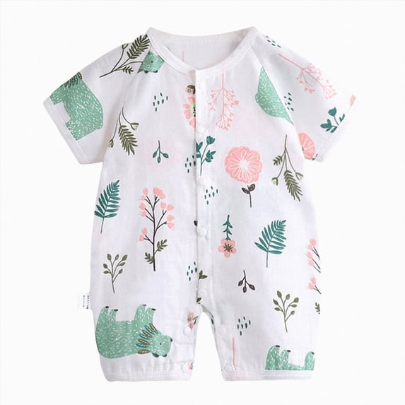 Summer Outfit Newborn Infant Baby Boys Cotton Linen Button Cartoon Dinosaur Floral Kimono Romper Jumpsuit Short Sleeve Playsuit Clothes