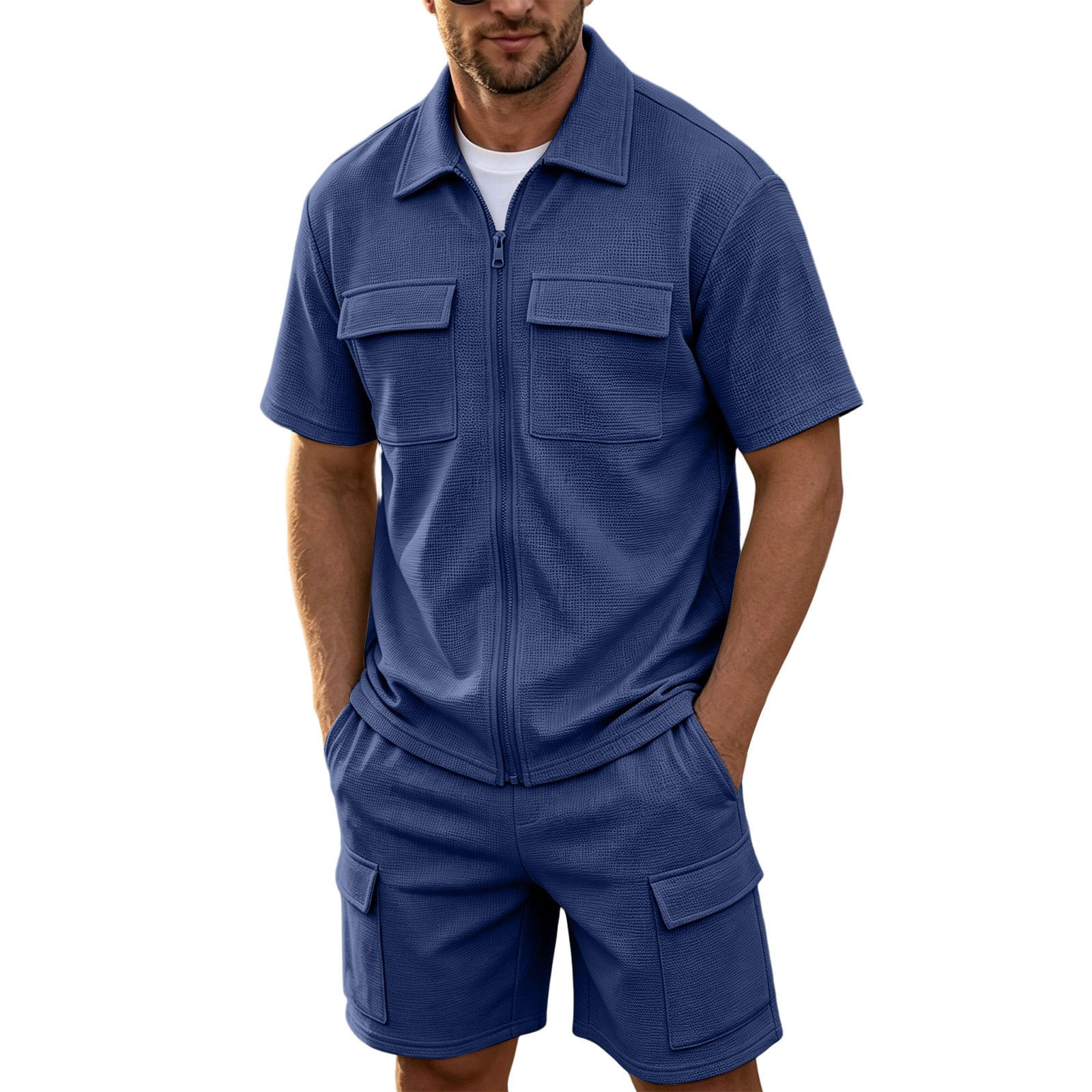 Summer Outfit Sets for Men Textured Zip-Up Shirt & Cargo Shorts