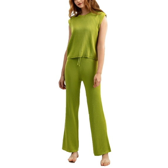 Summer Outfit Spring Outfits for Women 2024 Trendy Clothing Set Female Round Neck Sleeveless Tops Pants Sets Long Pant Style S_502 Women's Tracksuits Green M