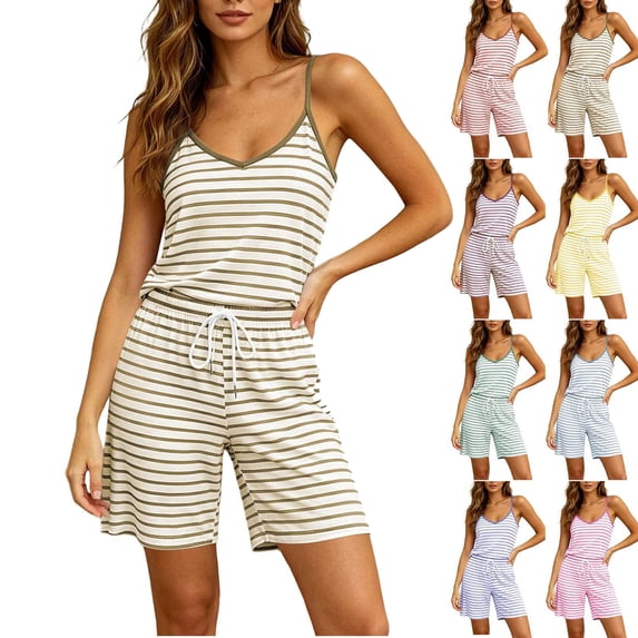 Pajamas Dqueduo Women's Striped Camisole & Drawstring Shorts Loungewear Set – V-Neck Sleepwear
