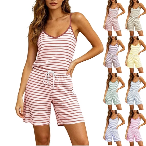 Pajamas Dqueduo Women's Striped Camisole & Drawstring Shorts Loungewear Set – V-Neck Sleepwear