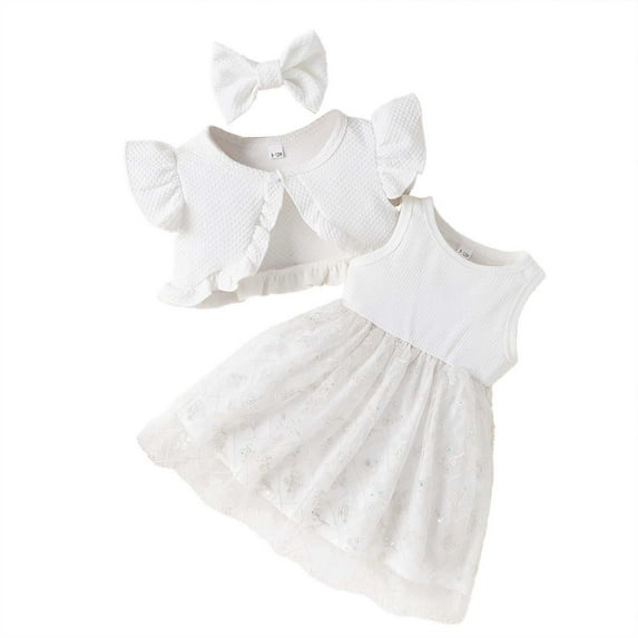 Summer Outfits Girls New Arrval Floral Mesh Dress With Matching Hair Bow Summer Casual Set Cute Baby Girl Clothes White 6 Months-9 Months