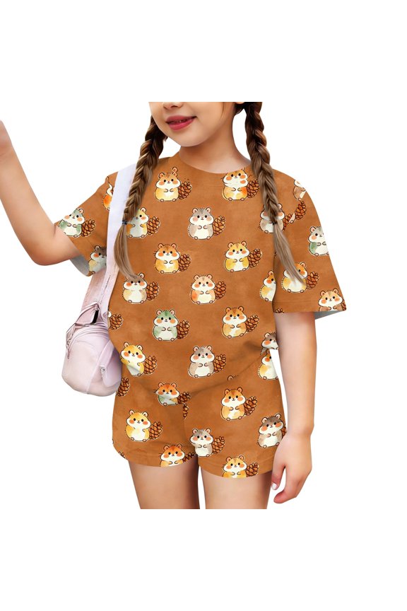 Summer Outfits for Kids Girls Size 7-8 Cute Funny Cartoon Animal Print 2 Piece Outfits Tracksuit Casual Short Sleeve T Shirts Top and Shorts Clothing Sets Saffron 7-8 Years
