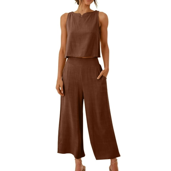 Summer Outfits for Lady 2 Piece Sets Wide-Leg Linen Capris Set, Womens Sleeveless Tank Tops and High Waisted Capris Suit, Summer Vacation Casual Outfits with Pockets Brown XXL
