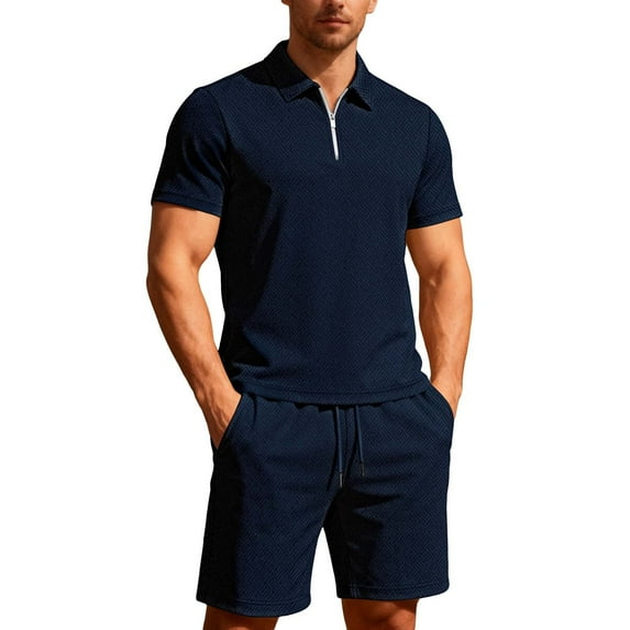 Summer Outfits Mens 2 Piece Shorts Set Short Sleeve 1/4 Zip Collared Top & Drawstring Short Golf Casual Clothing (S, Navy)