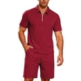 thumbnail image 1 of Summer Outfits Mens 2 Piece Shorts Set Short Sleeve 1/4 Zip Collared Top & Drawstring Short Golf Casual Clothing (XL, Wine), 1 of 6