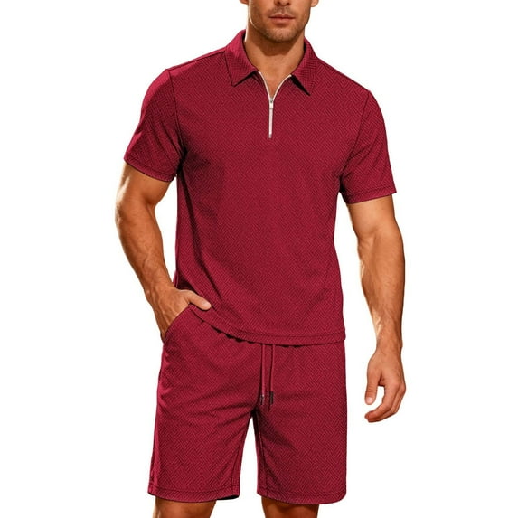 Summer Outfits Mens 2 Piece Shorts Set Short Sleeve 1/4 Zip Collared Top & Drawstring Short Golf Casual Clothing (XL, Wine)