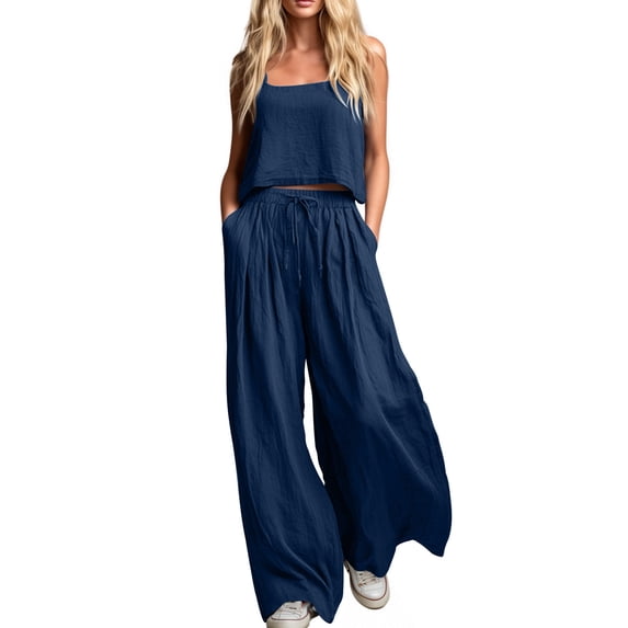 Summer Outfits Set for Women 2 Piece Sleeveless Camisole Crop Top Wide Leg Baggy Pants Casual Vacation Clothes (M, Dark Blue)