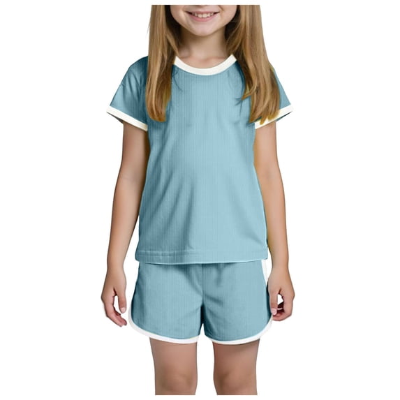 Summer Outfits for Teen Girls Preppy Girls Summer Casual T-Shirts and Shorts Set 2 Pieces Set Teen Girls Drawstring Summer Outfits Solid Trendy Clothes for 5-14Years Girls