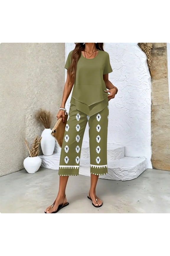 Summer Outfits Two Piece Sets for Women Capri Set Casual Summer Wide Leg Crop Pants and Top Matching Suits Army Green XL