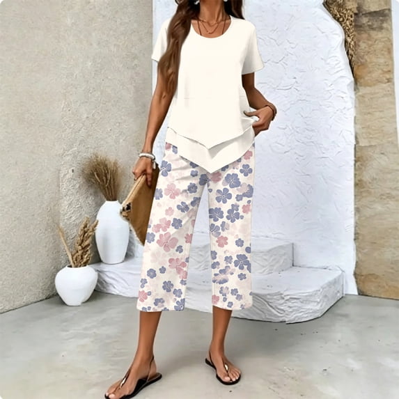 Summer Outfits Two Piece Sets for Women Capri Set Casual Summer Wide Leg Crop Pants and Top Matching Suits Beige L