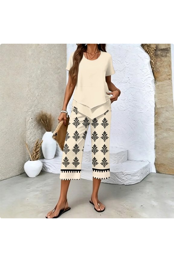 Summer Outfits Two Piece Sets for Women Capri Set Casual Summer Wide Leg Crop Pants and Top Matching Suits Beige S