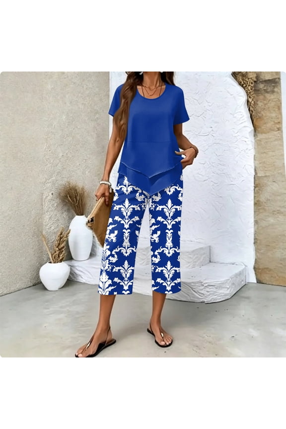 Summer Outfits Two Piece Sets for Women Capri Set Casual Summer Wide Leg Crop Pants and Top Matching Suits Blue S