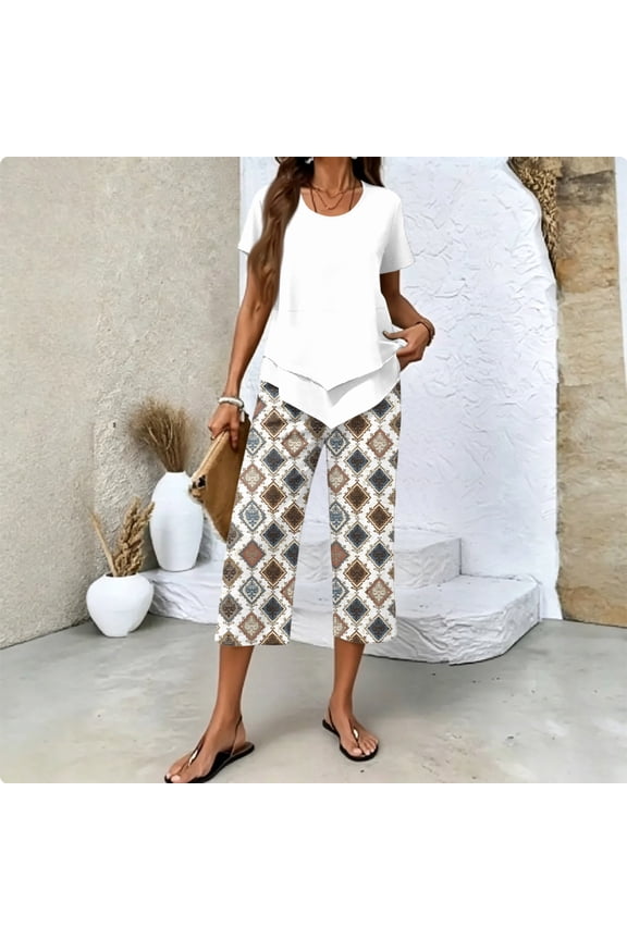Summer Outfits Two Piece Sets for Women Capri Set Casual Summer Wide Leg Crop Pants and Top Matching Suits Brown S