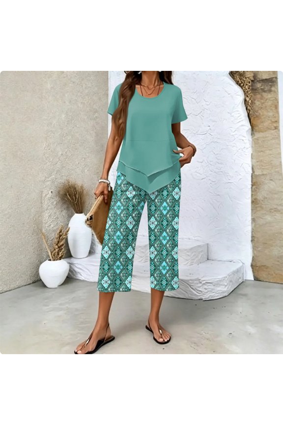 Summer Outfits Two Piece Sets for Women Capri Set Casual Summer Wide Leg Crop Pants and Top Matching Suits Cyan S