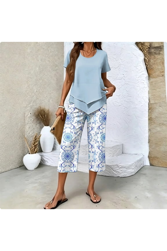 Summer Outfits Two Piece Sets for Women Capri Set Casual Summer Wide Leg Crop Pants and Top Matching Suits Light Blue 3XL