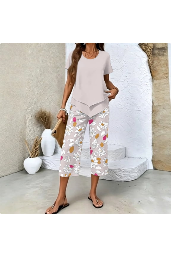 Summer Outfits Two Piece Sets for Women Capri Set Casual Summer Wide Leg Crop Pants and Top Matching Suits Light Gray 3XL