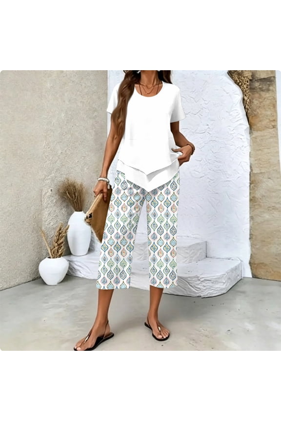 Summer Outfits Two Piece Sets for Women Capri Set Casual Summer Wide Leg Crop Pants and Top Matching Suits Light Gray L