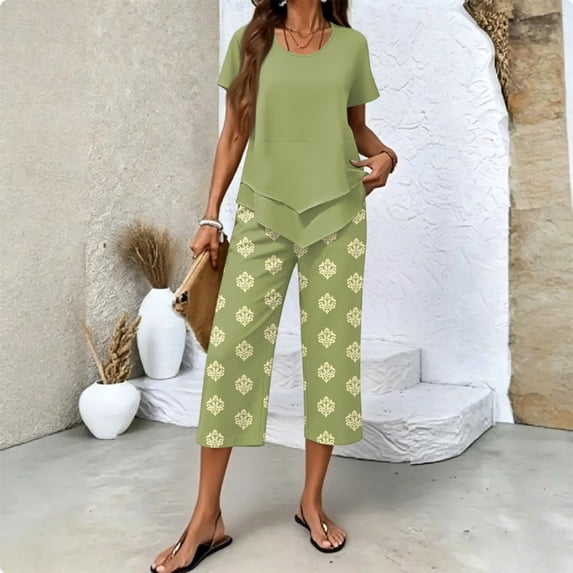 Summer Outfits Two Piece Sets for Women Capri Set Casual Summer Wide Leg Crop Pants and Top Matching Suits Light Green 2XL
