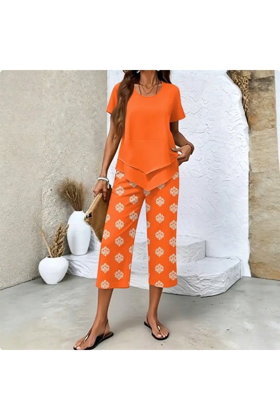 Summer Outfits Two Piece Sets for Women Capri Set Casual Summer Wide Leg Crop Pants and Top Matching Suits Orange M
