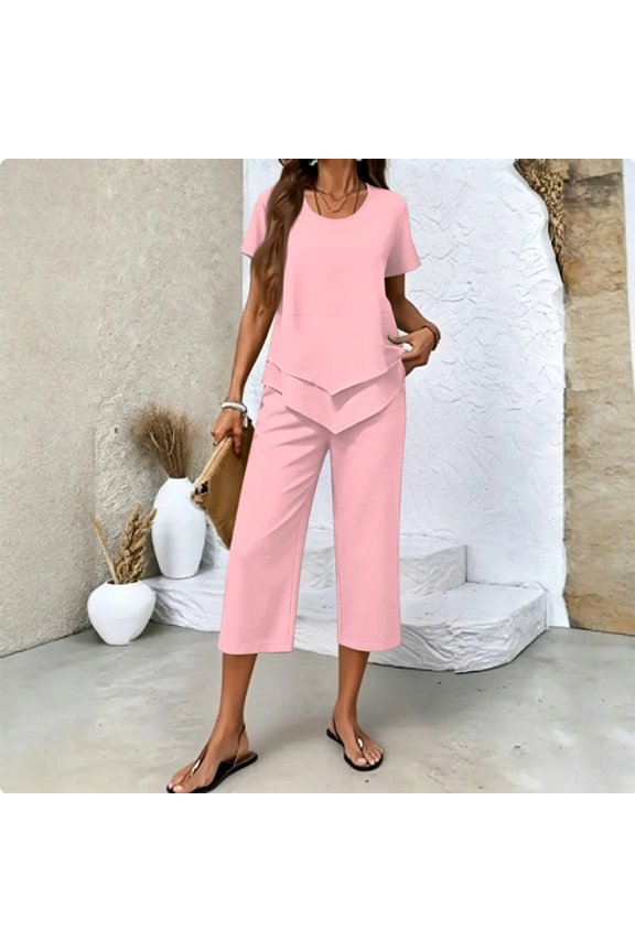 Summer Outfits Two Piece Sets for Women Capri Set Casual Summer Wide Leg Crop Pants and Top Matching Suits Pink M