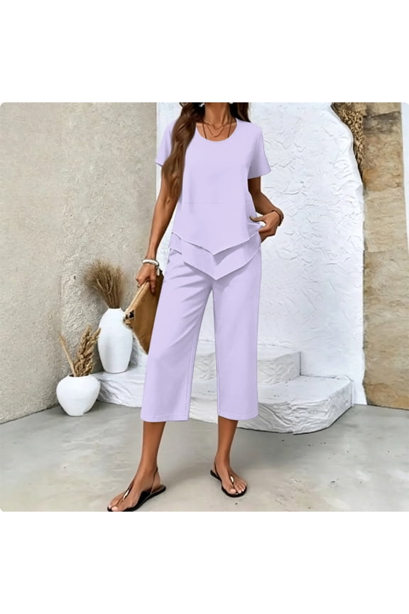 Summer Outfits Two Piece Sets for Women Capri Set Casual Summer Wide Leg Crop Pants and Top Matching Suits Purple XL