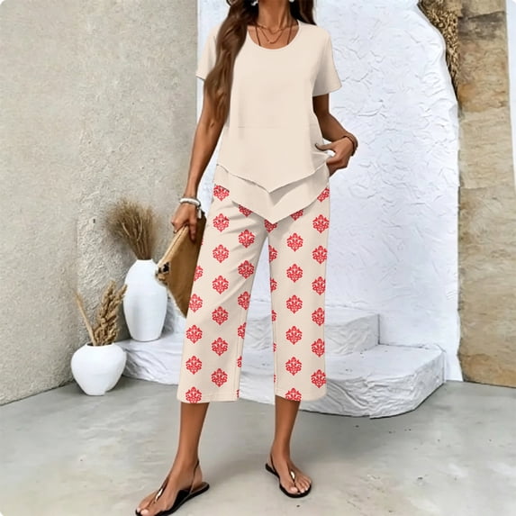 Summer Outfits Two Piece Sets for Women Capri Set Casual Summer Wide Leg Crop Pants and Top Matching Suits Red M