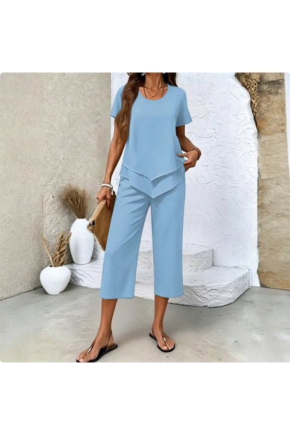 Summer Outfits Two Piece Sets for Women Capri Set Casual Summer Wide Leg Crop Pants and Top Matching Suits Sky Blue M