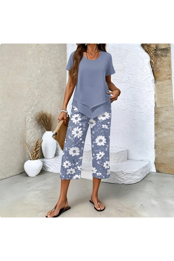 Summer Outfits Two Piece Sets for Women Capri Set Casual Summer Wide Leg Crop Pants and Top Matching Suits Sky Blue S