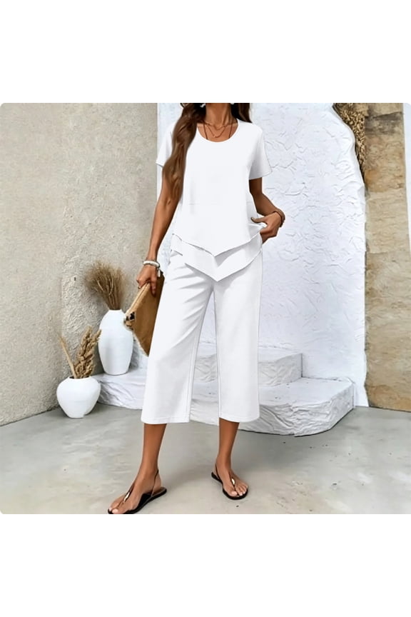 Summer Outfits Two Piece Sets for Women Capri Set Casual Summer Wide Leg Crop Pants and Top Matching Suits White M