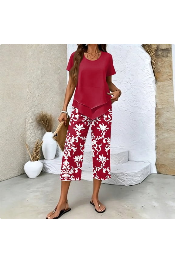 Summer Outfits Two Piece Sets for Women Capri Set Casual Summer Wide Leg Crop Pants and Top Matching Suits Wine 2XL