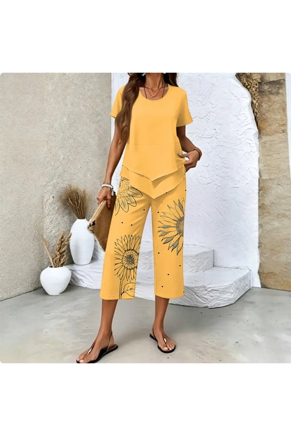 Summer Outfits Two Piece Sets for Women Capri Set Casual Summer Wide Leg Crop Pants and Top Matching Suits Yellow M