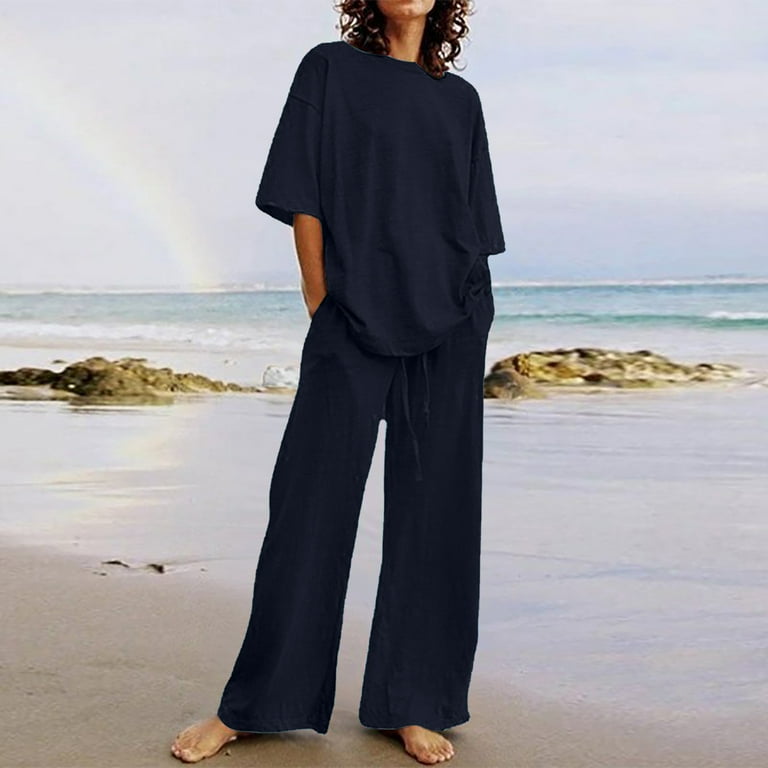 Summer Outfits for Women 2 Piece Cotton Linen Set Boyfriend Oversized Short Sleeve T Shirts Wide Leg Pants Plus Size Solid Color Workout Tracksuit