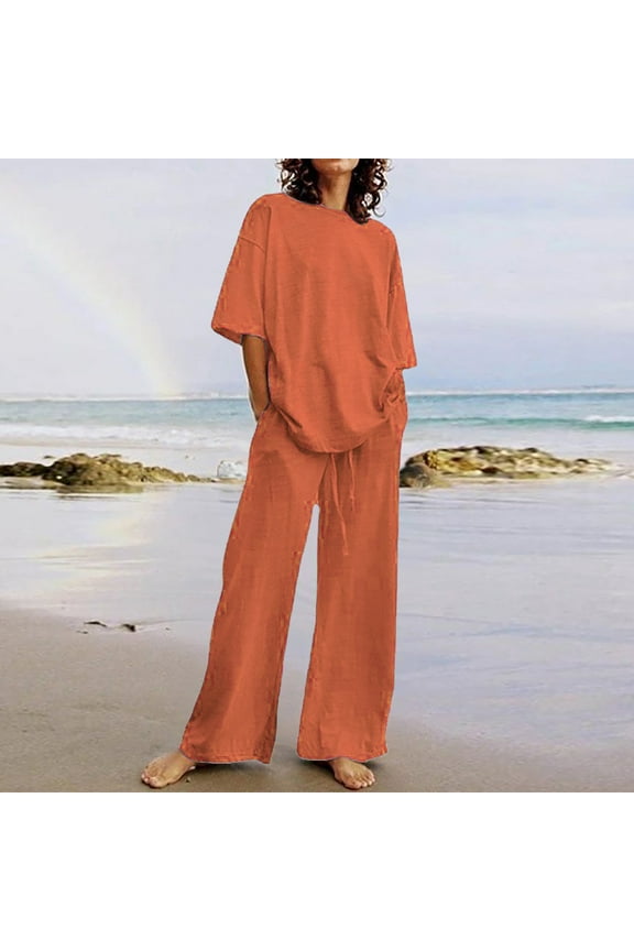 Summer Outfits for Women,2 Piece Cotton Linen Set Boyfriend Oversized Short Sleeve T Shirts Wide Leg Pants Plus Size Solid Color Workout Tracksuit Sweatsuits