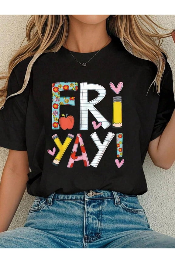 Summer Outfits For Women Fri-Yay Happy Friday Funny Weekend Teacher Back To School T-Shirt , Floral Print, Round Neck, Short Sleeves, Stretch Fabric, Summer Top Casual Graphic Tees Women Tops