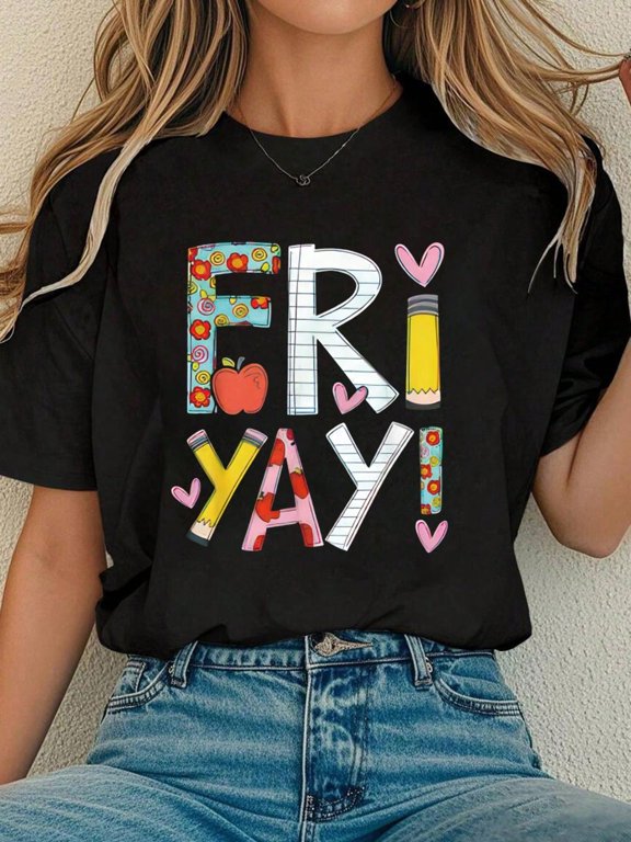Summer Outfits For Women Fri-Yay Happy Friday Funny Weekend Teacher Back To School T-Shirt , Floral Print, Round Neck, Short Sleeves, Stretch Fabric, Summer Top Casual Graphic Tees Women Tops