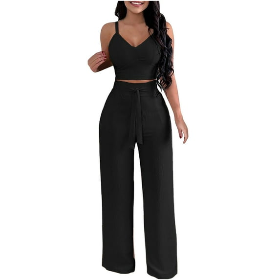 Summer Outfits for Women Plus Size Women Outfits Clothing Set Female V-Neck Sleeveless Tops Pants Sets Full Pant Style S_688 Women's Tracksuits Black XL