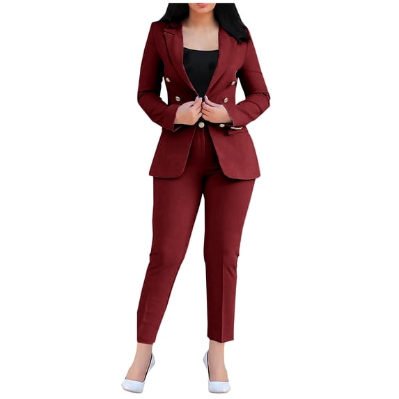 Summer Outfits for Women Vacation Summer Outfit Clothing Set Female Long Sleeve Blazer Sets Notched Lapel Neck Business Suit Sets Cargo Pant Style S_39 Women's Tracksuits Red L